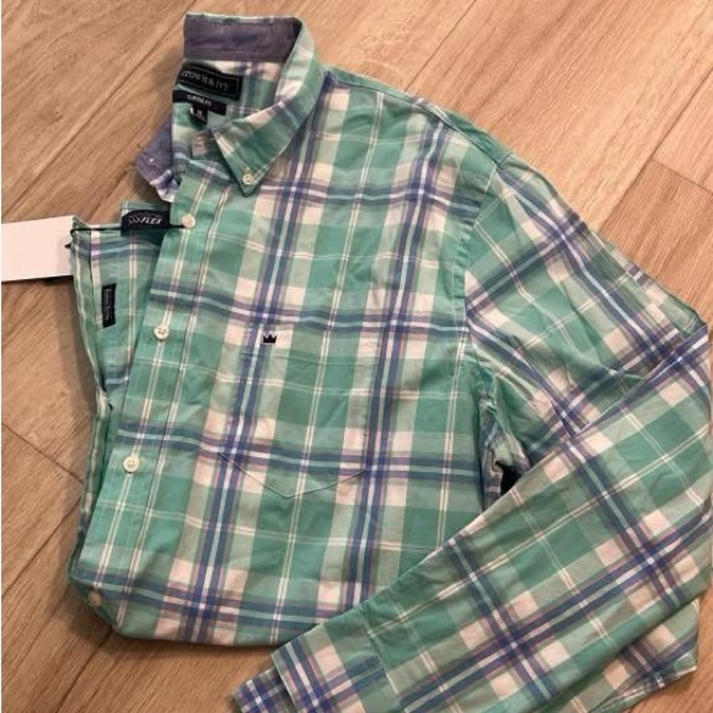 Crown & Ivy Men's Aqua Plaid Button Down Shirt